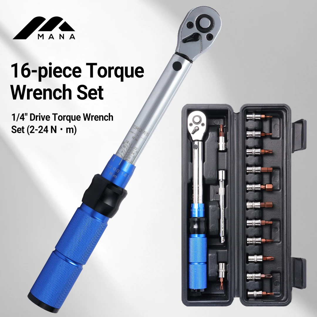 

Набор динамометрических ключей MANA, 16 предметов, привод 1/4 дюйма (2-24 Нм), точность ±3%, 72-зубчатая двунаправленная трещотка для ремонта велосипедов