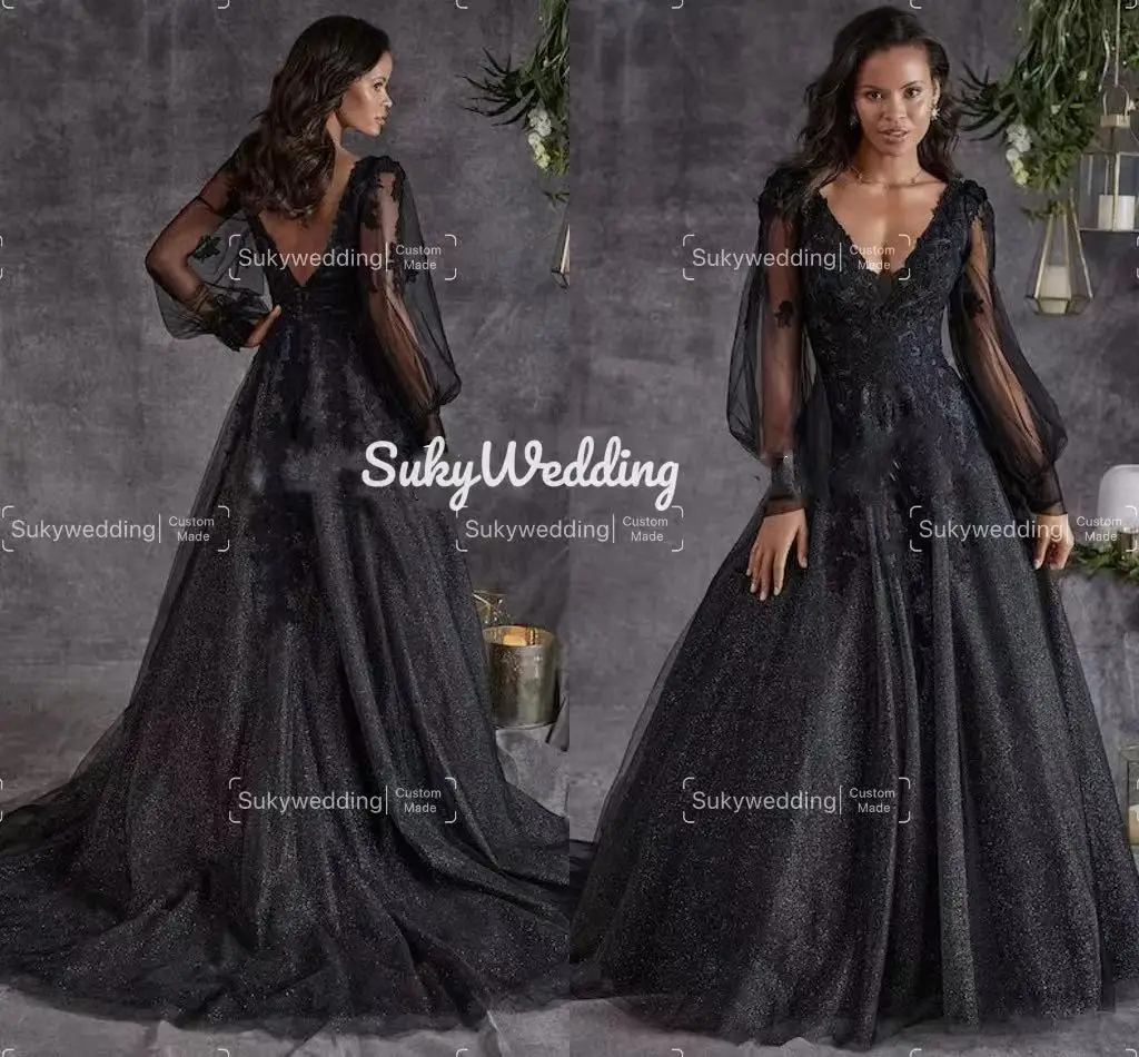 Vestidos de Casamento Gótico Preto com Lantejoulas e Applique Renda, Manga Comprida, Decote V, Sem Costas, Saia Tule, Fadas, Vestido De Noiva