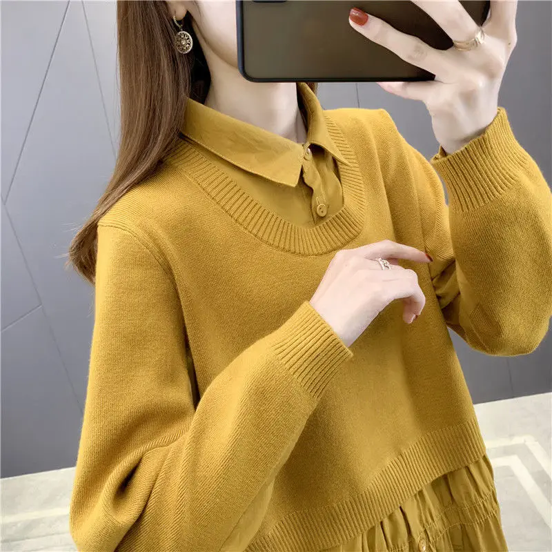 

Shirt pullover sweater fake two-piece women 2023 knitted sweater top autumn and winter Korean loose bottoming pullover female