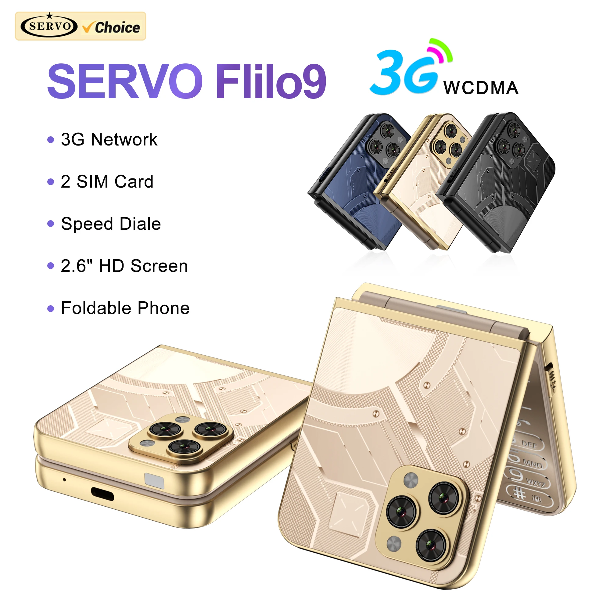 SERVO 접이식 휴대폰, 듀얼 SIM 카드, WCDMA 네트워크 비디오 플레이어, 손전등, FM 라디오, 2.6 인치 디스플레이, 접이식 휴대폰 C 타입