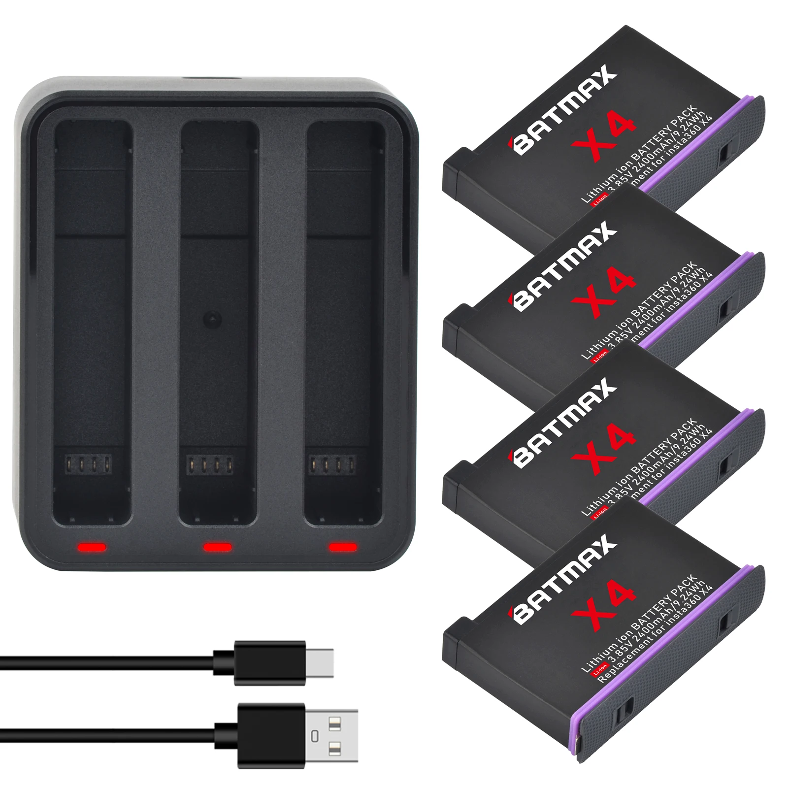 

Batmax Insta360 X4 Replacement Battery 2400mAh Bateria + USB 3Slots Charger For Insta 360 X4 Action Camera