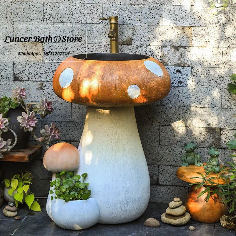 New Chinese Outdoor Pedestal Sink, One Piece Hand Wash Basin for Courtyard, Garden, Patio, Balcony, Original Design Washbasin