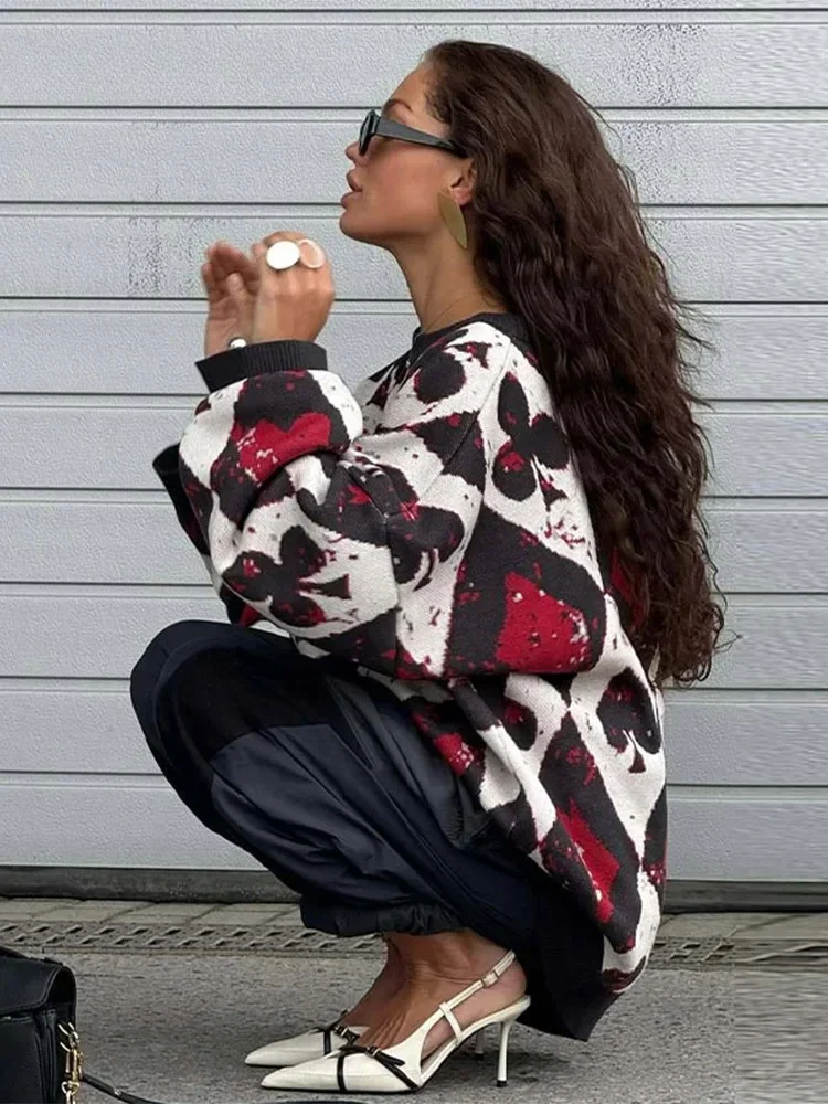 Stricken Geometrische Drucken Pullover frauen Pullover Oansatz Langarm Kontrast Nähte Pullover 2025, Herbst Winter Lose Pullover
