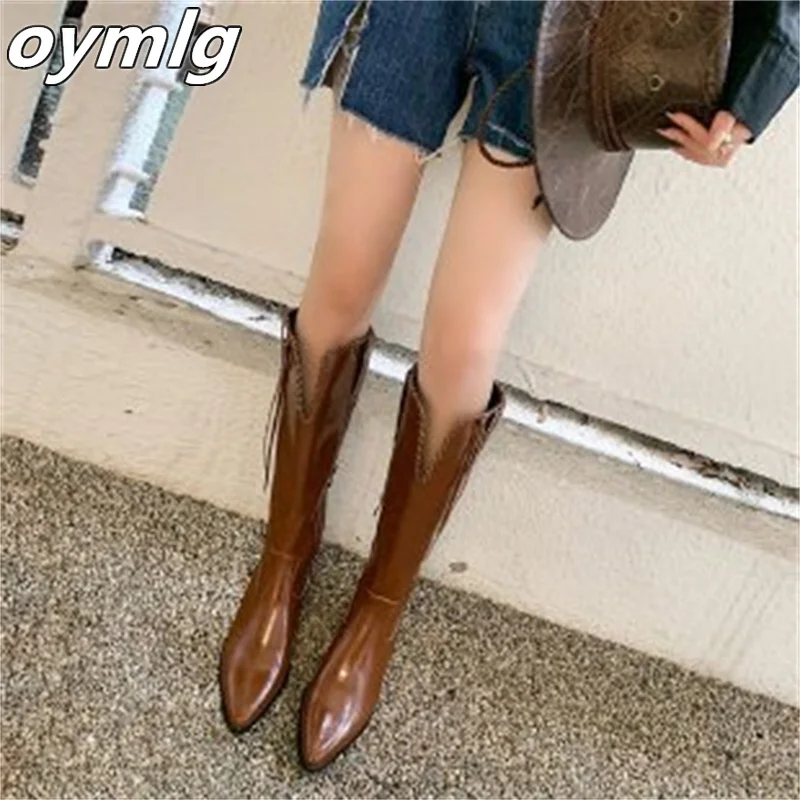 Boots Autumn Women's Pointed Toe Western Cowboy Boots Mid Heel But Knee Boots Retro High Thick Heel V Mouth Rider Boots