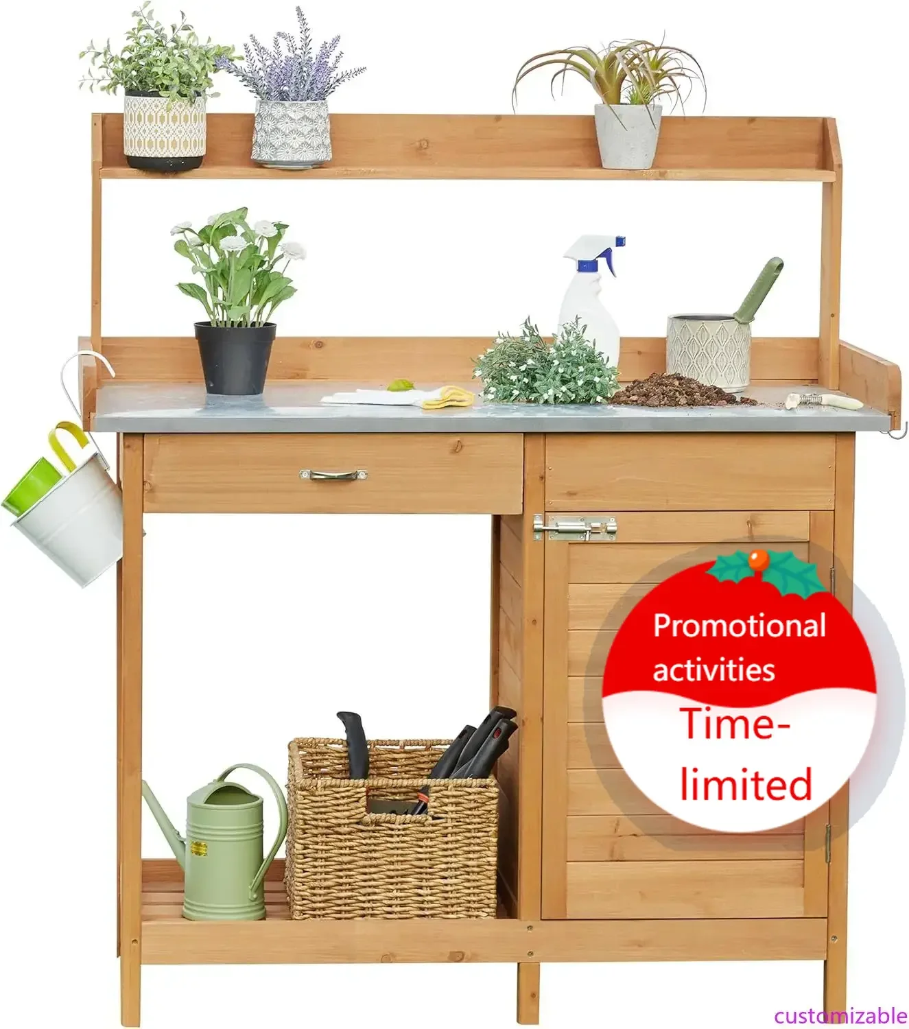 

Hot salesOutdoor Garden Potting Bench Table Work Bench Metal Tabletop W/Cabinet Drawer Open Shelf Natural Wood