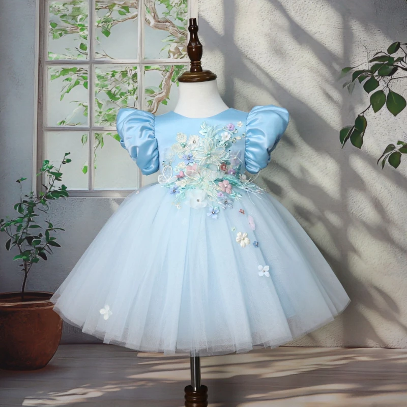 2026 New Kids Satin Bubble Sleeves Princess Baby First Birthday Puffy Gown Formal Celebration Blue Dress Host Piano Performance