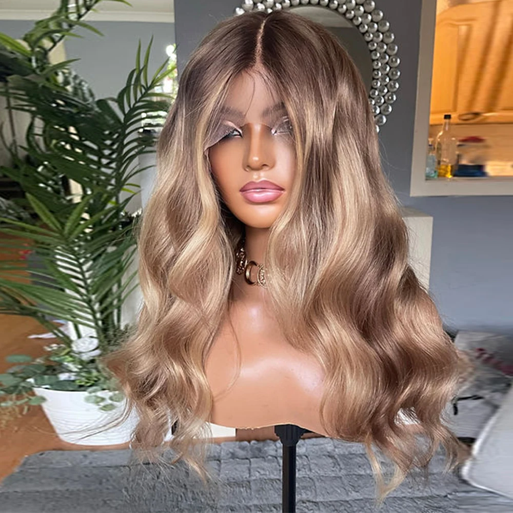 

26” Dirty Blonde Dark Brown Ombré Wavy Full Lace Wig Premium 100% Virgin Human Hair Wig 150 Density HD 13x6 Lace Front Wig