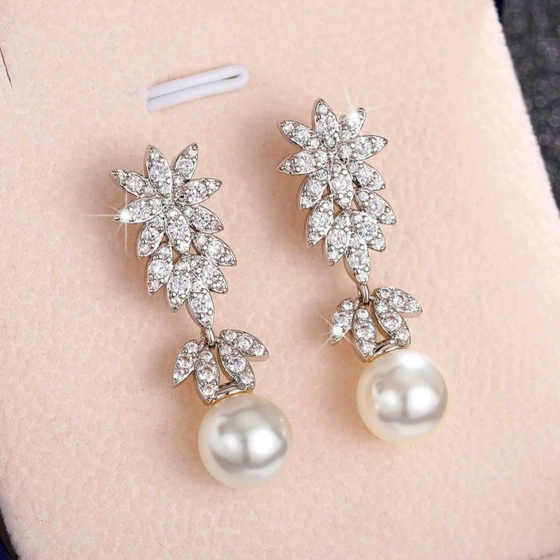 Huitan Aesthetic Flower Long Hanging Earrings with Simulated Pearl Silver Color Exquisite Earrings New for Women Wedding Jewelry
