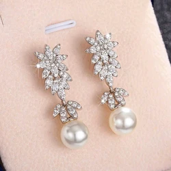 Huitan Aesthetic Flower Long Hanging Earrings with Simulated Pearl Silver Color Exquisite Earrings New for Women Wedding Jewelry