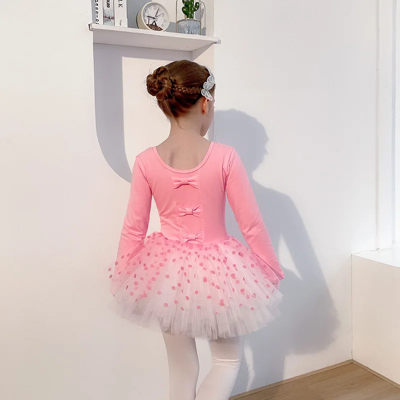 Jupe en gaze blanche à pois roses pour filles, robe de ballet pour enfants, vêtements de danse pour enfants, vêtements d'entraînement en coton, manches longues, automne et hiver