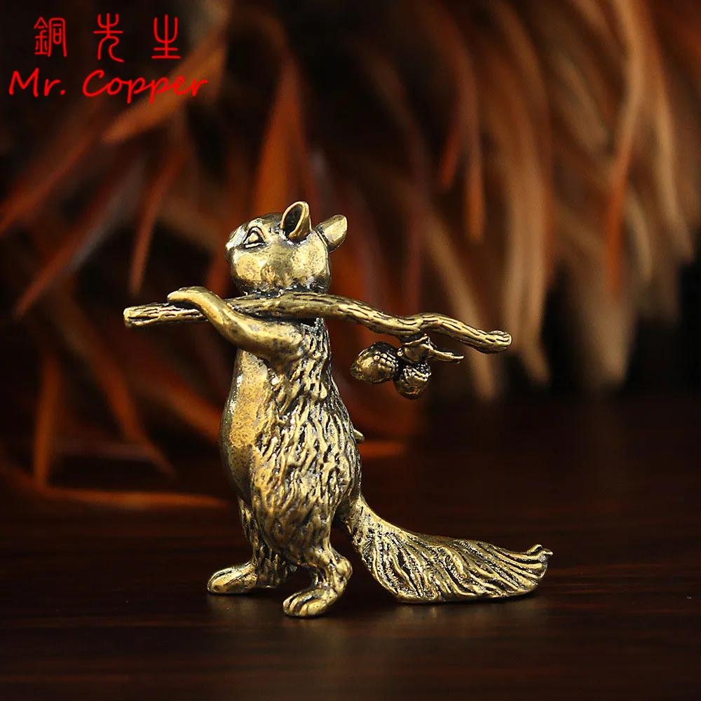 Brass Cute Squirrel Small Statue Desktop Ornaments Vintage Animal Figurines Model Beauty Home Decorations Crafts Accessories ﻿