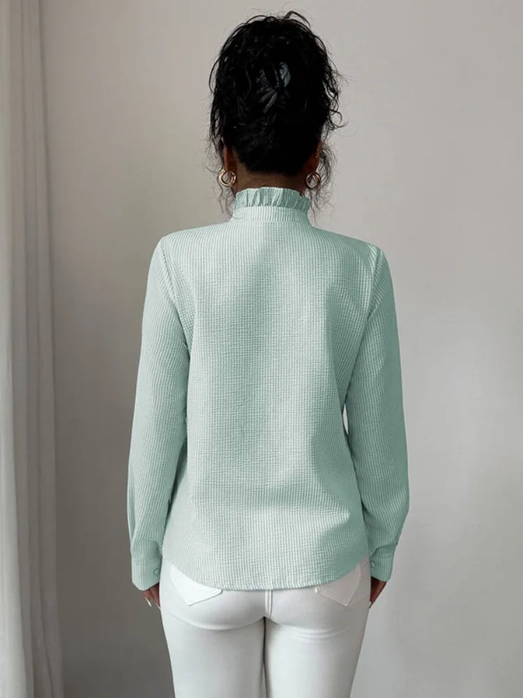 Uoozee femmes rayé col montant à volants Blouses à manches longues coupe ample bureau décontracté usage quotidien mode chemise hauts 2026 nouveau