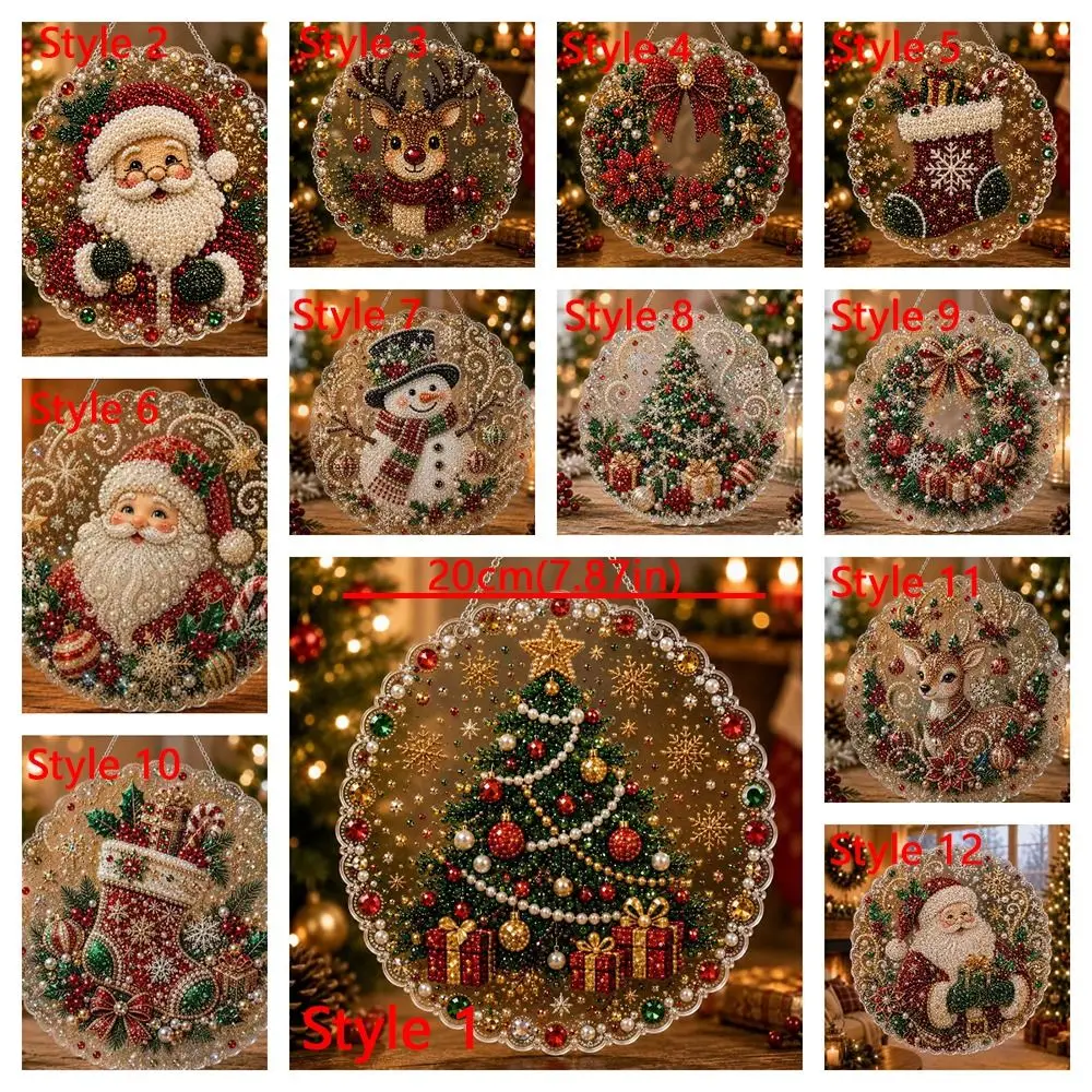 Acrylic Christmas Diamond Painting Kit Christmas Tree Xmas Wreath DIY Diamond Painting Pendant DIY Craft with Hanging Chain