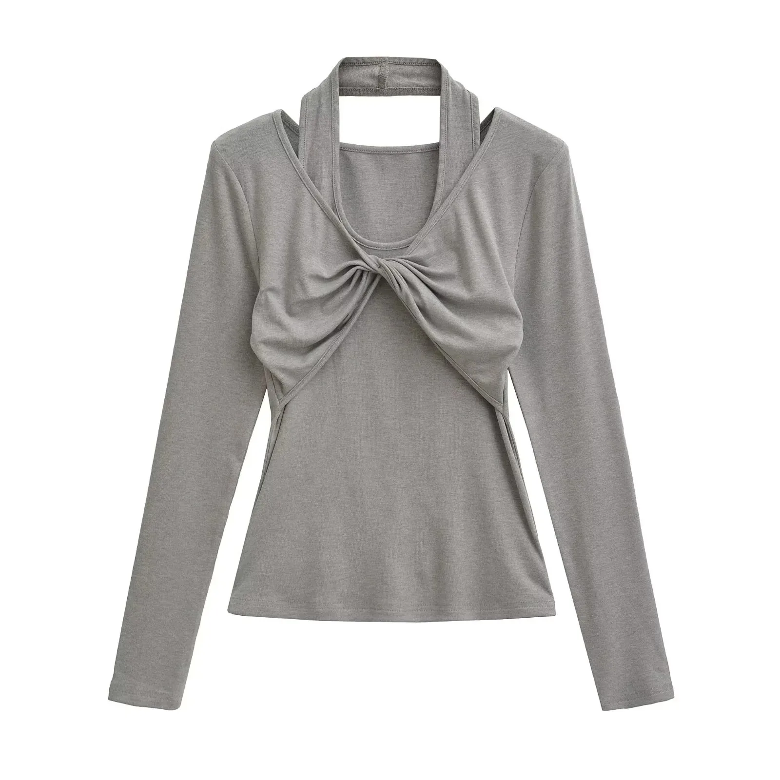 2025 Autumn Winter Wool Lyocell Halter Neck Long Sleeve Knitted Top Versatile Two-Piece Set Twisted Long Sleeve T-Shirt HTEM