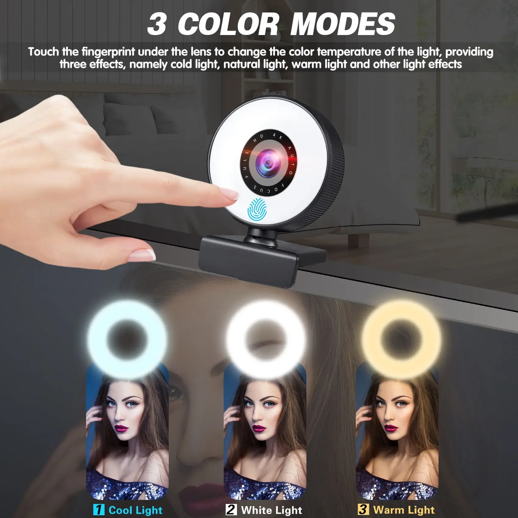 3 Color Modes 4k Webcam 8M Pixels Beauty Fill Light Autofocus Live Conference Computer Camera Hd Sound USB No Driver Required