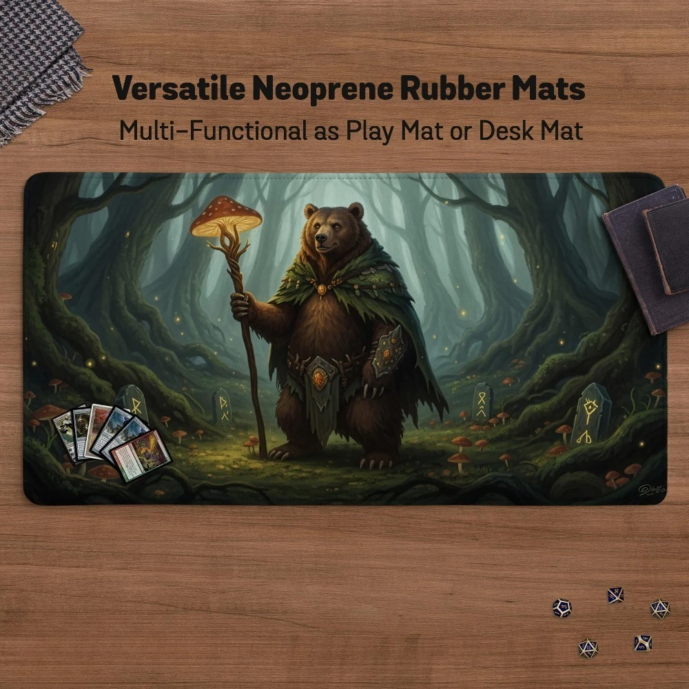 Mystic Bear Playmat for  DND, Custom Tcg Gaming Mat, Enchanted Forest guardian Card Game Mat, Large Goblincore Fantasy RPG