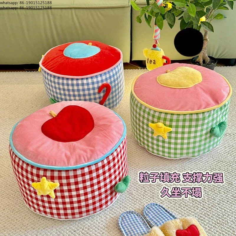 

ins cream plaid seat pier sedentary living room tatami futon removable and washable footstool cute shoe changing stool