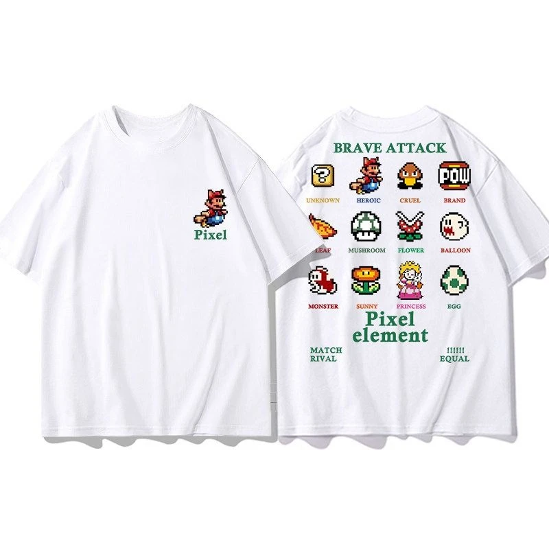 White Tee Men's Women's Nintendo Smash Bros Game Kirby Mario Retro Cool Graphic Art Print Oversized Short Sleeve Streetwear Top