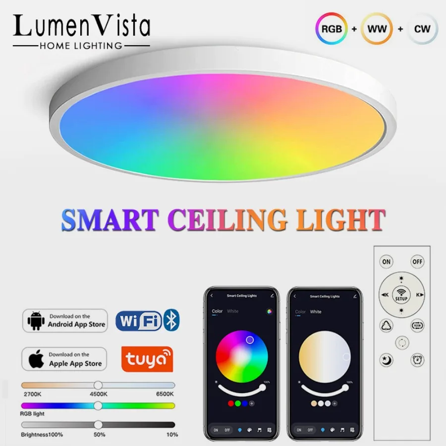 

Smart Tuya RGB Ceiling Light Wifi Ultra-thin App Remote Dimming LED Ceiling Lamp Amazon Google Voice Control Home Decor Lighting