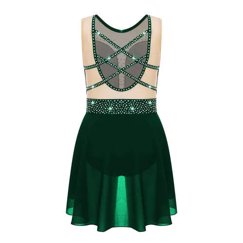 Imagen 2 del producto Vestido de Patinaje Artístico de gimnasia con diamantes de imitación para niñas adolescentes, tutú de malla transparente sin mangas, leotardo de Ballet, disfraz de actuación lírica