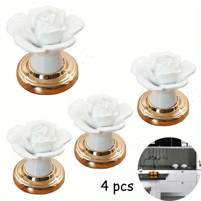 4pcs 현대 미니멀 패션 가구 핸들 하드웨어 캐비닛 찬장 인쇄 단일 구멍 로즈 세라믹 핸들 꽃 로즈