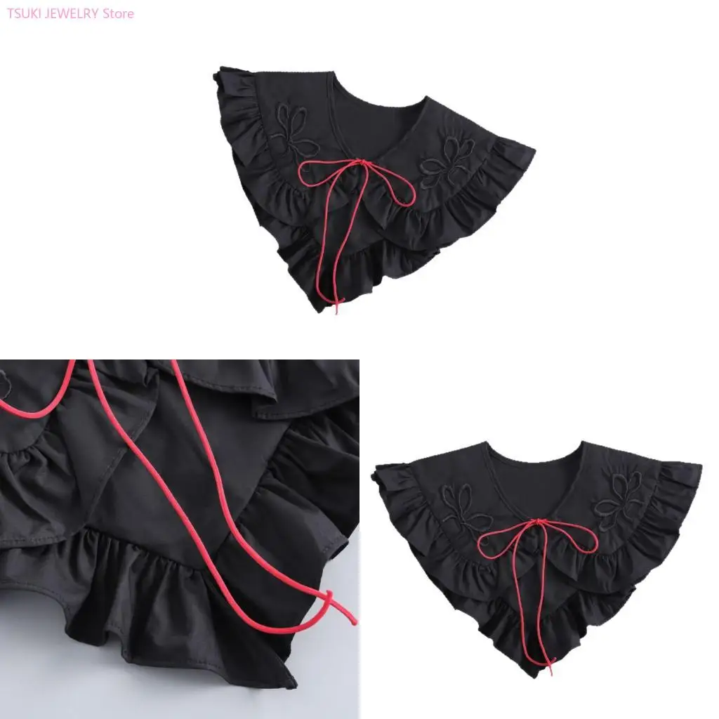 62KE CourtStyle Detachable Collar Ruffle Trim Embroidery Bowknot Shirt Shawl Collar
