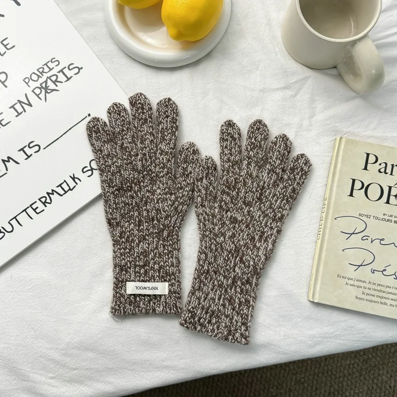 100% Wool Korean Style New Mixed Color Variegated Gloves Female Winter Student Cute Solid Color Open Finger Touch Screen Warm