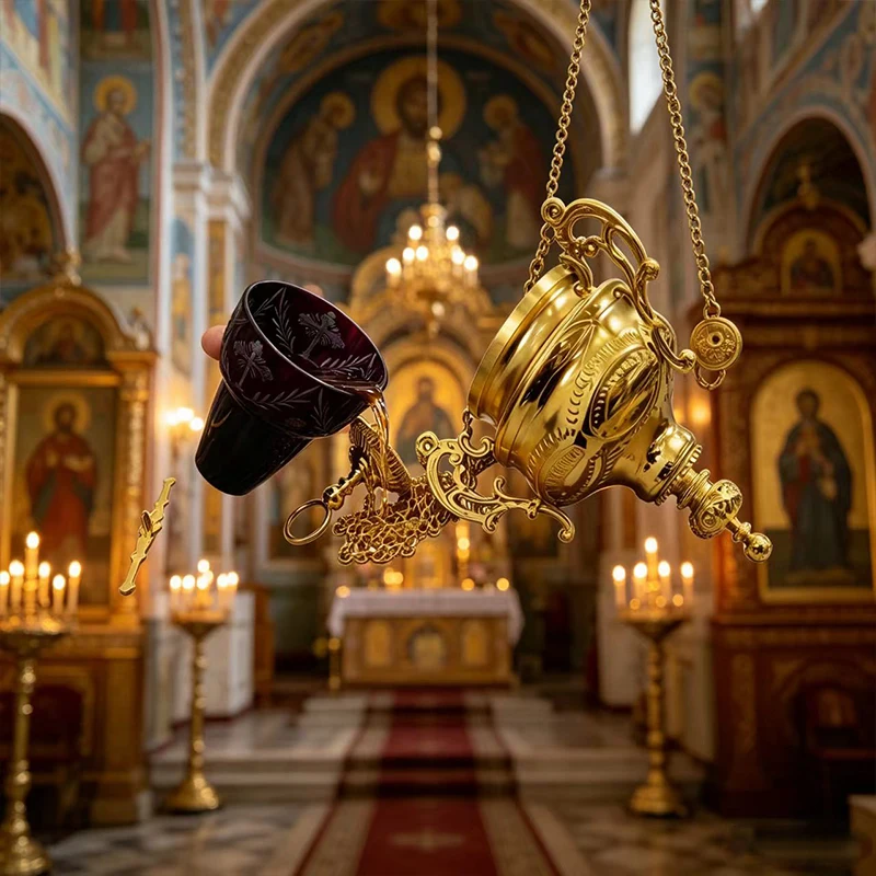 Vintage vergoldeter orthodoxer hängender Weihrauchbrenner mit lila Glasbecher für Kirchenliturgie, Hausaltar, christliches Geschenk – Detail 3