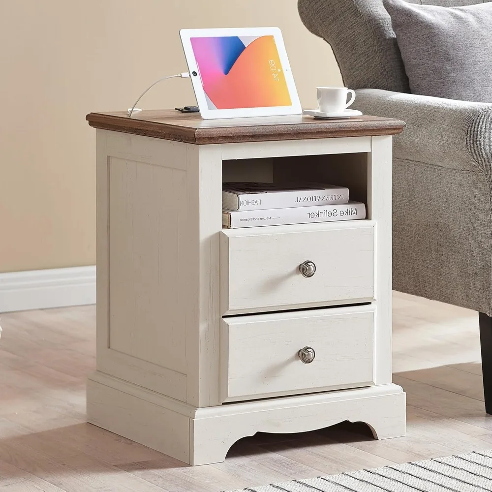

Nightstand with Charging Station, 18 Inch Vintage End Table with 2 Drawers, Wood Rustic Sofa Side Table with Open Storage Shelf