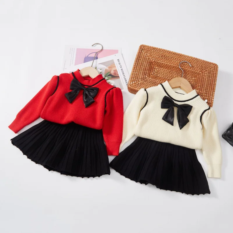 

Children's Clothing Autumn Winter Bowknot Knitted Short Skirt Pleated Skirt Toddler Solid Color Two-Piece Set