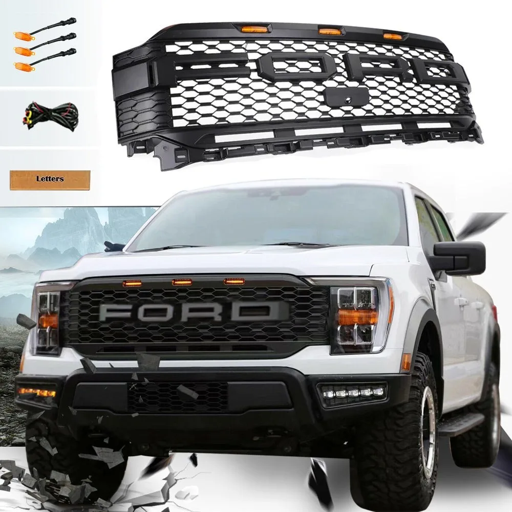 Racing Grills for 2021 2022 2023 Ford F150 Raptor Grill Replacement W/LED Lights & Letters Matte Black