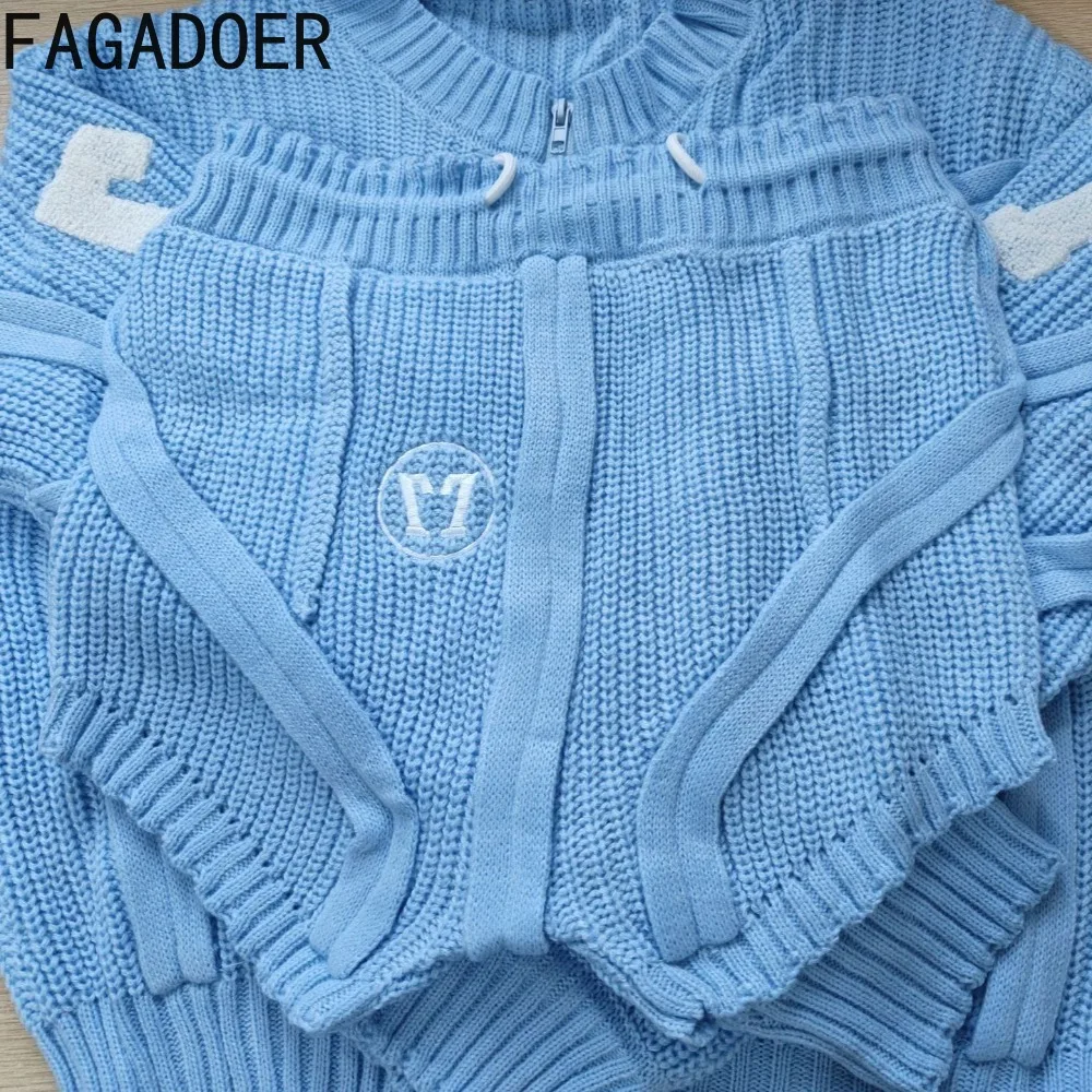 FAGADOER Blue Knitting Two Piece Set For Women Fashion Patchwork Crop Top And Drawstring Waist Shorts Suits Streetwear Autumn