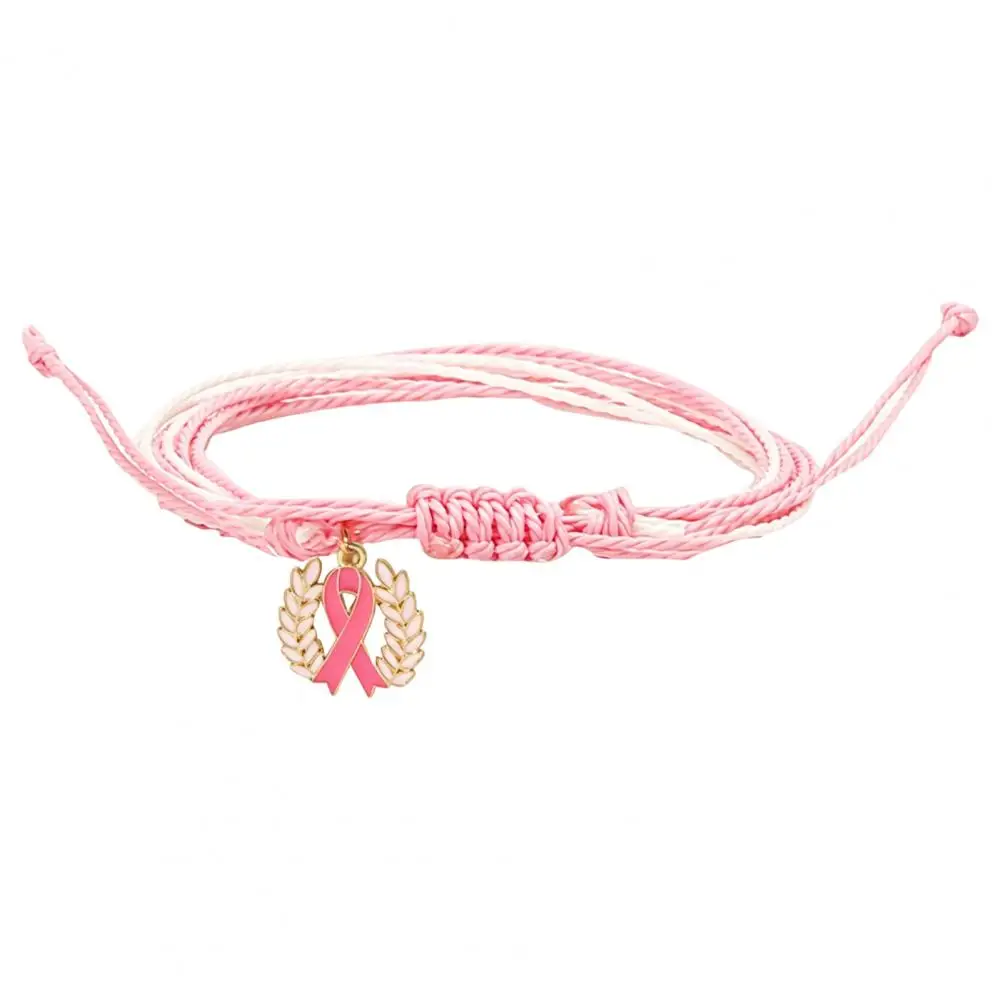 Lightweight Wear Wristband Breast Cancer Awareness Bracelet for Women Adjustable Woven Ribbon Charm Wristband Handmade Braided