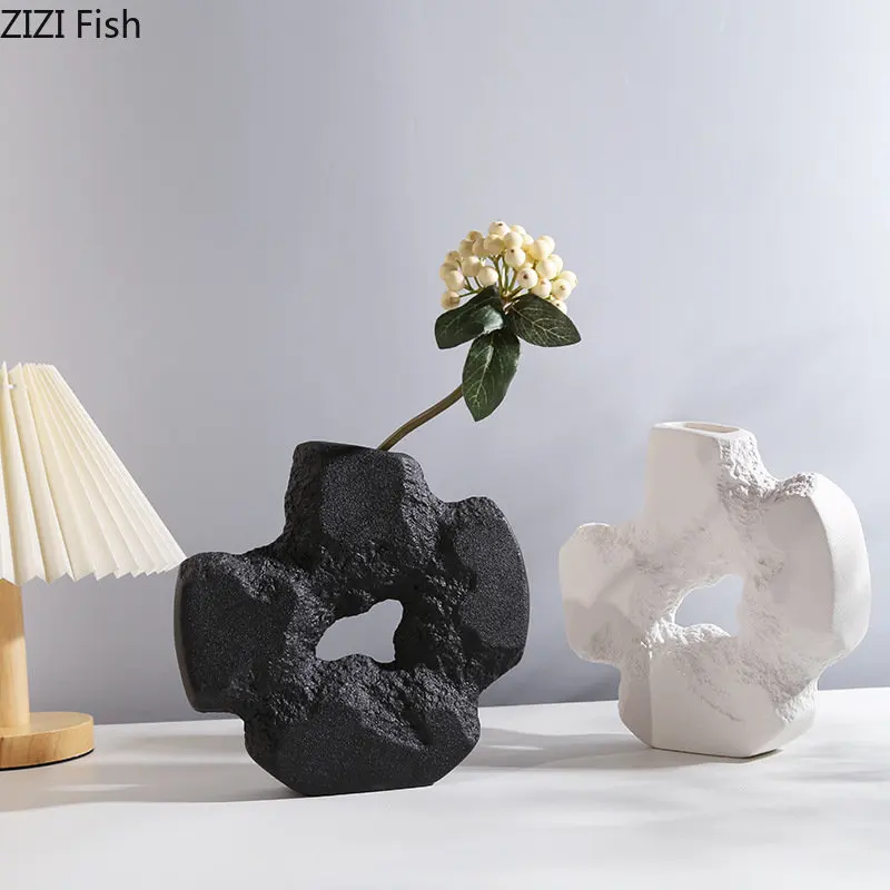 Ceramic Vase Irregular Stone Statue Hollow Out Floral Accessories Flower Vase Black and White Cross Stone Home Decoration