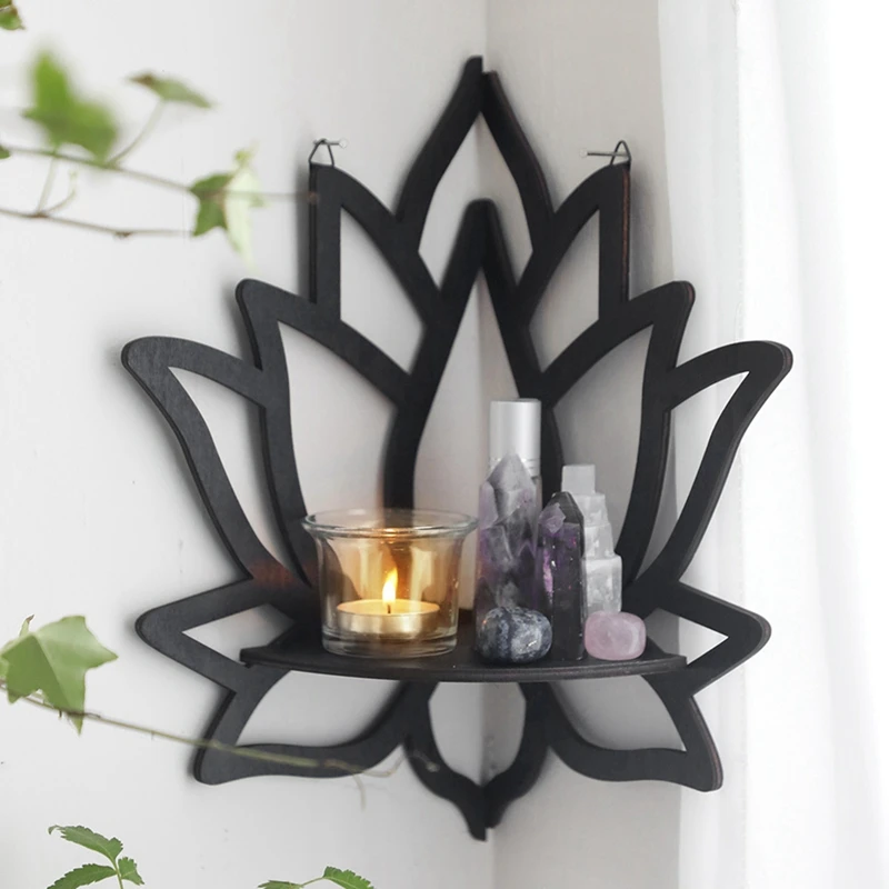 

1 PCS Lotus Corner Shelf Wooden Wall Mount Floating Shelf Black Wooden For Bedroom Book Room Decor