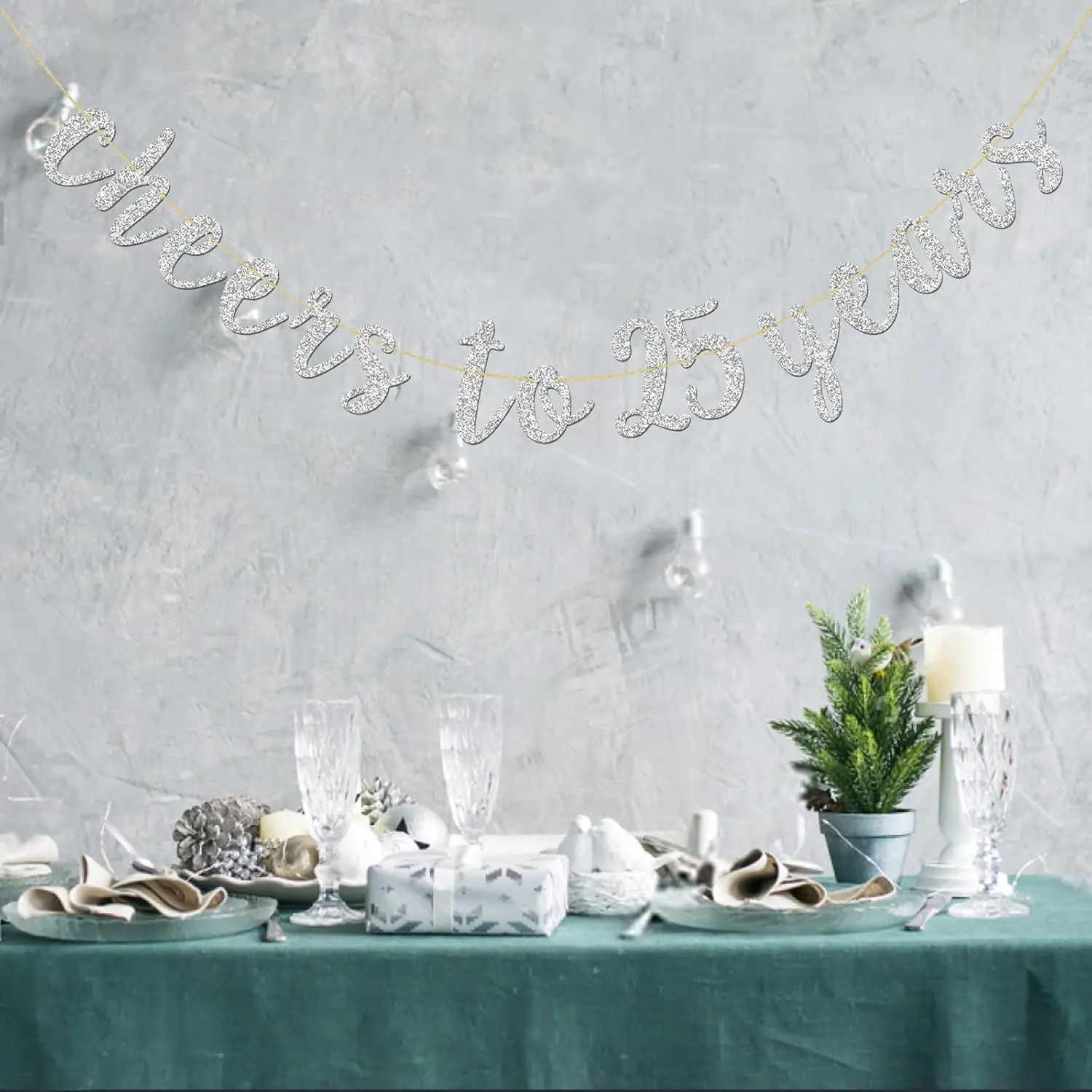 Glitter Silver Cheers to 25 Years Banner - 25th Birthday Sign Bunting 25th Marriage Anniversary Party Bunting Decorations - view 6