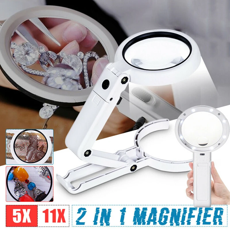 5 / 11X Magnifying Glass With 8 LED Light Magnifier Foldable Stand Table Lamp