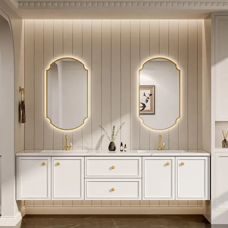 Light French Oak Bathroom Cabinet with Integrated Rock Slab Basin Modern Simple Double Sink Washbasin Vanity Unit