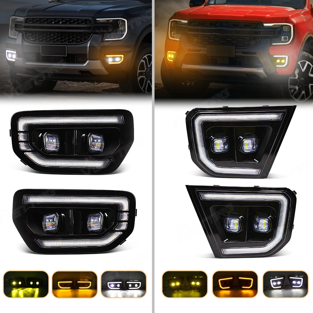 DRL لفورد رينجر تريمر T9 XL XLT Wildtrak 2022 2023 2024 LED أضواء النهار الجري سيارة الضباب مصباح أبيض أصفر السيارات أضواء النهار