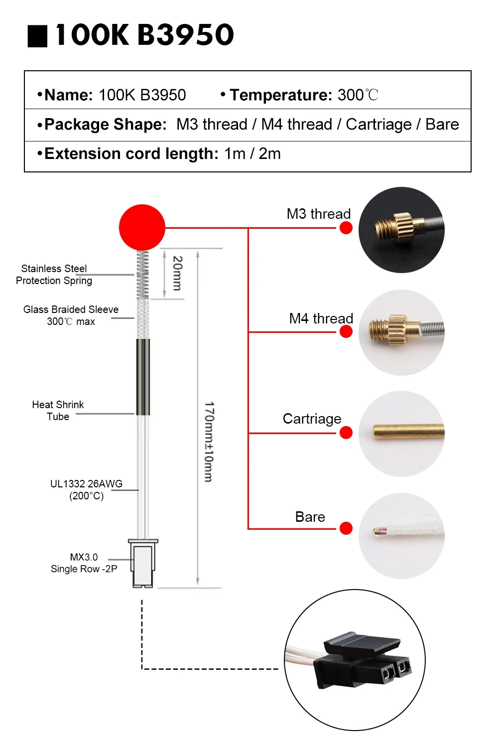 C Trianglelab ® Glaskopf 100K 3950 1M & 2M 100k Ohm B3950 Thermistor 280 ℃ für Ender 3 CR10 Ender 5 Rapido Hotend – Detail 29