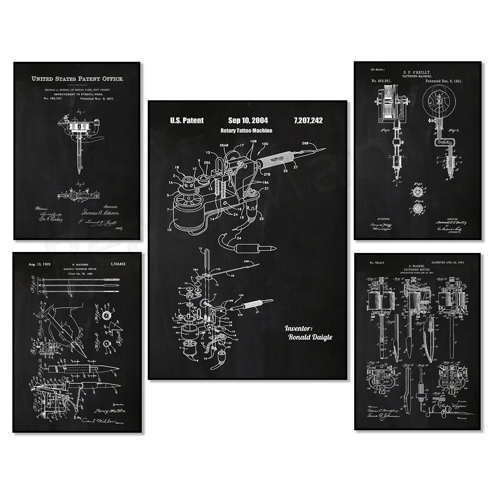 Tattoo Parlor Wand Kunst Leinwand Malerei Erste Tattoo Maschine Patent Drucke Vintage Blaupause Poster Wand Bild Hause Dekoration
