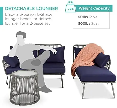 Outdoor L-Shaped Patio Sofa Set with Cushions, Lounger, Side Table - Gray/Navy