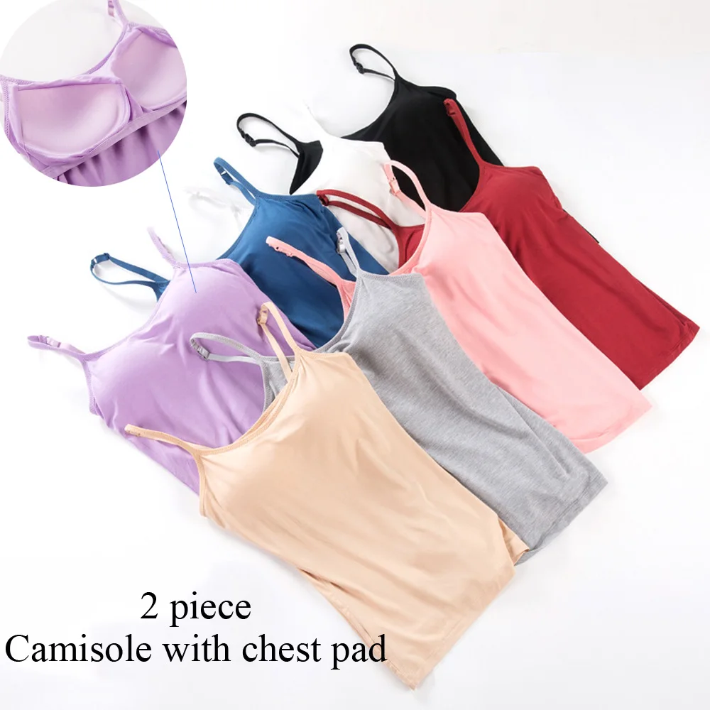 

2pcs Padded Bra Tank Top Women Spaghetti Solid Cami Top Vest Female Modal Camisole With Built In Bra Fitness Clothing Undershirt