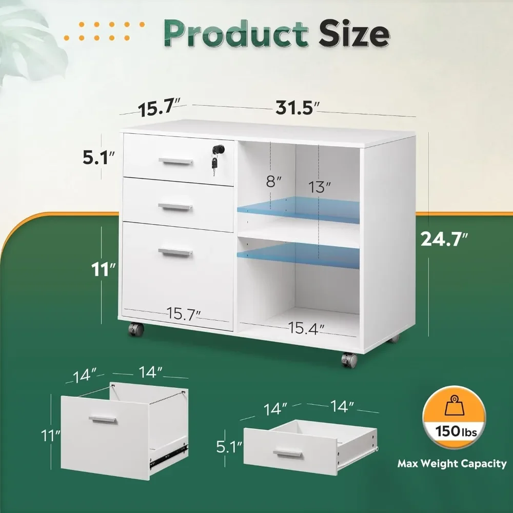 3-Drawer Wood File Cabinet with Lock, Mobile Lateral Filing Cabinet, Printer Stand with Open Storage Shelves for Home Office