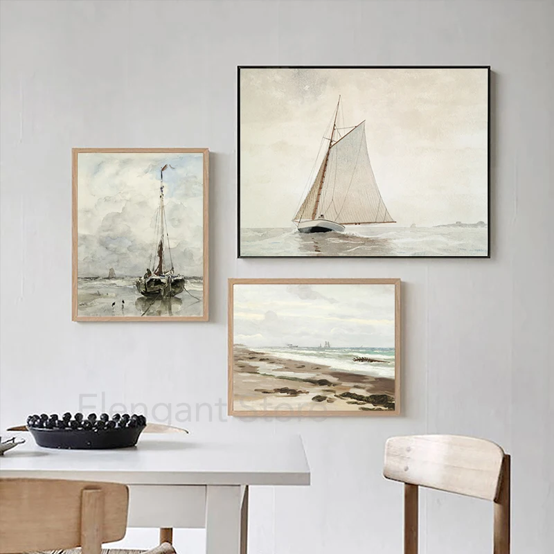 캔버스에 빈티지 바다 수채화 그림 포스터 해안 예술 인쇄 갤러리 벽 예술 사진 거실 홈 장식