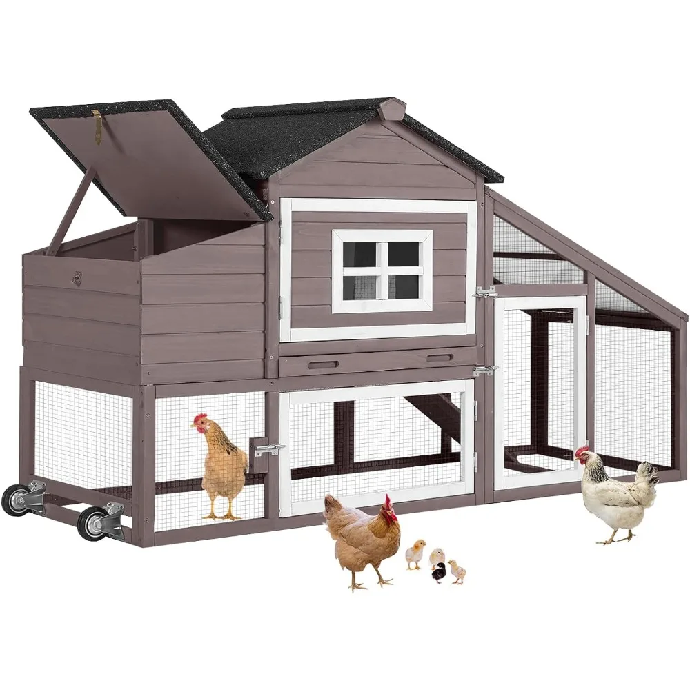 

Chicken Coop Outdoor with Wheels, Mobile Hen House Wooden Poultry Cage with Run & Waterproof Roof (Grey with White)