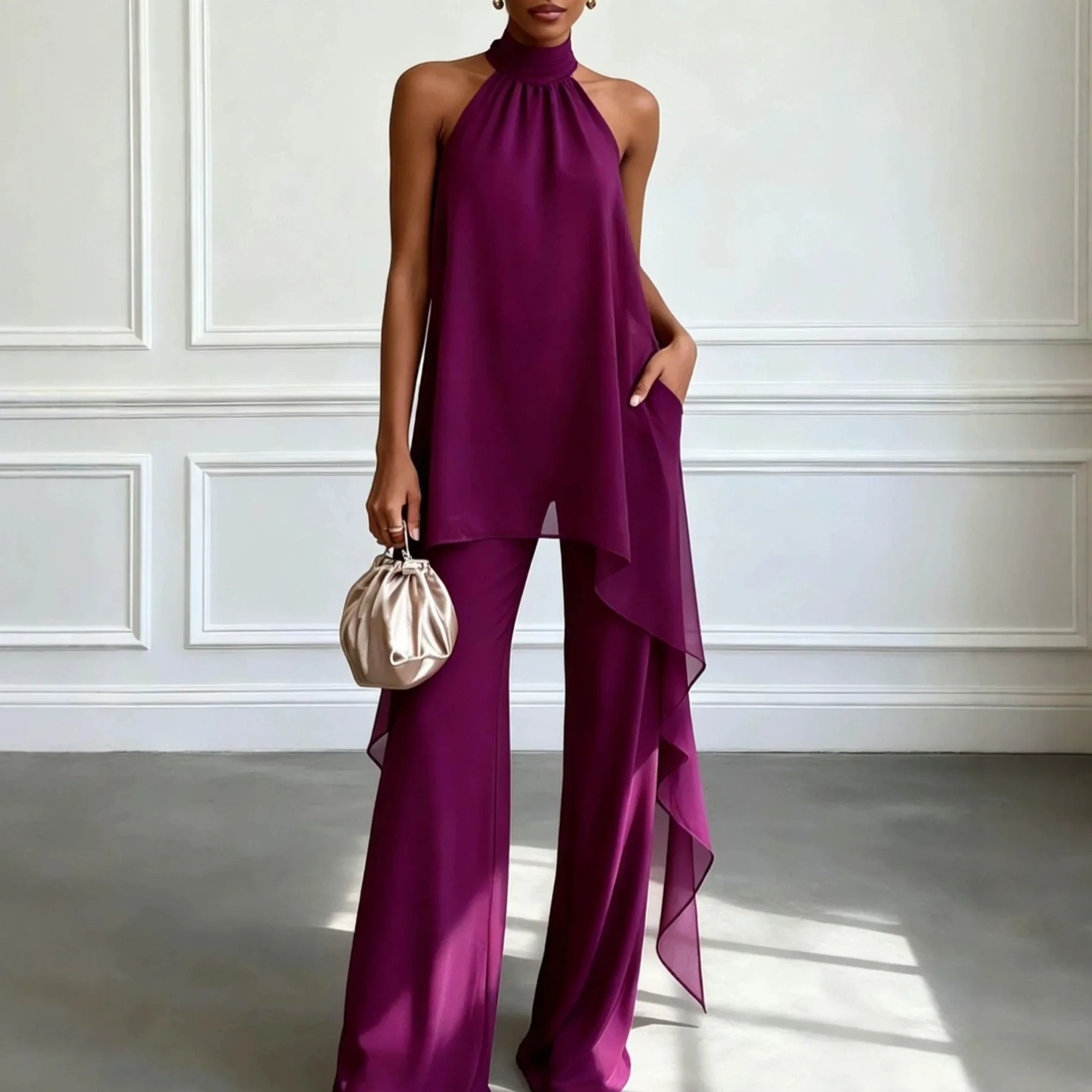 Women Wide Leg Pants 2 Piece Set Off Shoulder Sleeveless Top Irregular Ribbon Blouse Trousers Outfits Autumn 2026 Ensemble