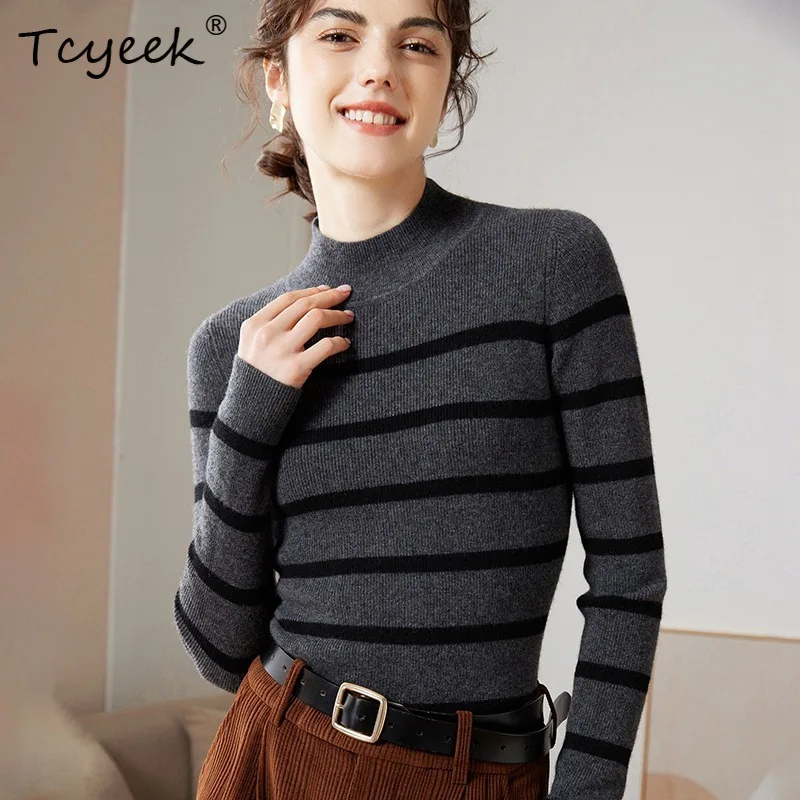 

Tcyeek, 100%Pure Cashmere Soft Sweaters, Women Mock Neck Striped, Casual Fashion Basics Sweater, 2024 Autumn Winter T476116QM