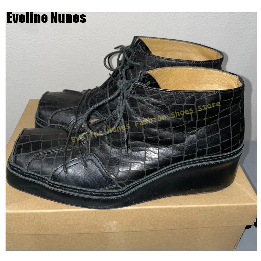 

Black Croc-Effect Square Toe Wedge Ankle Boots Men's Lace-Up Platform Shoes for Avant-Garde Streetwear and Edgy Fashion Pumps