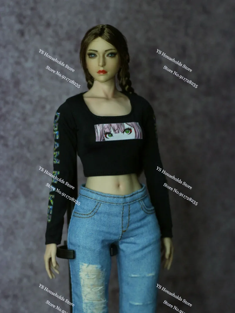 1/6 Female Soldier Long Sleeve Square Collar Letter Print Short Top Casuak Fashion Girl T-shirt Clothes Accessory Fit 12